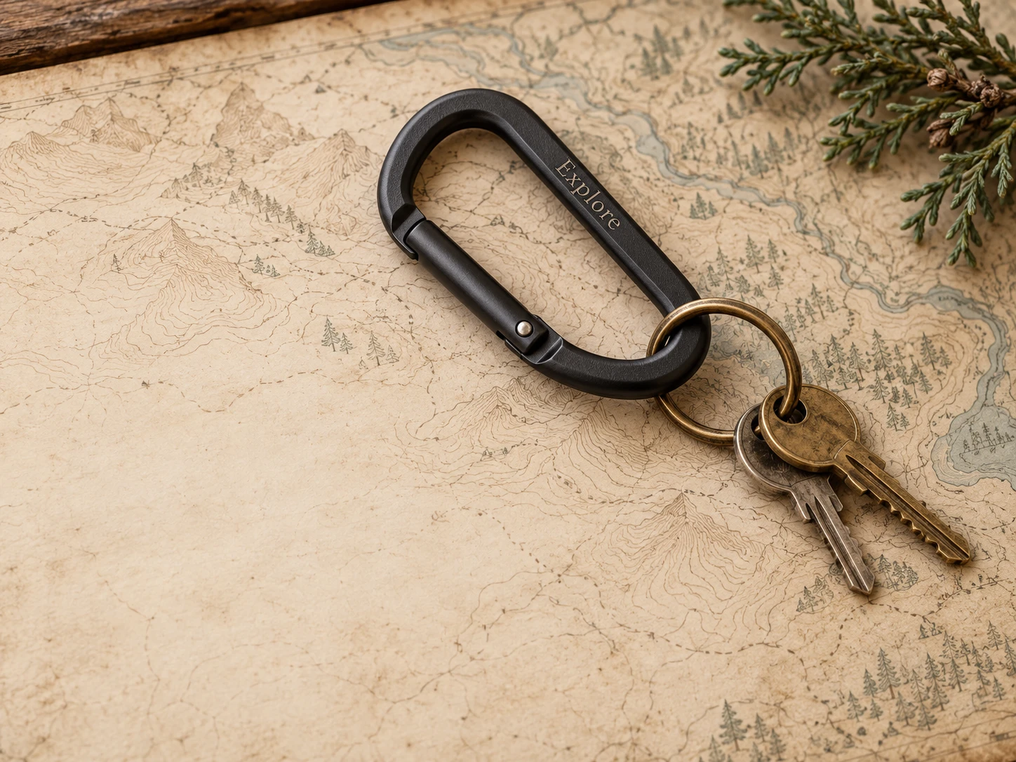 A black carabiner and brass keys on a folded map