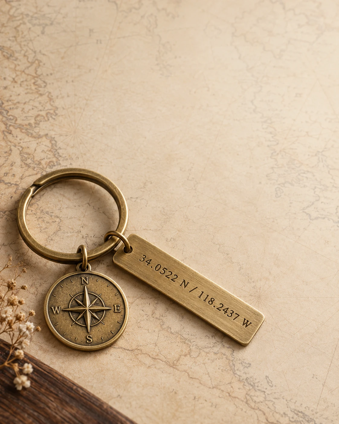 Brass coordinate keychain on cream map paper