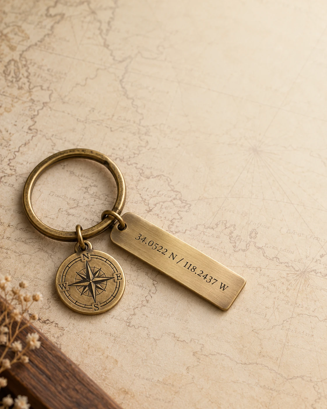 Engraved coordinate tag with a compass charm on cream map paper