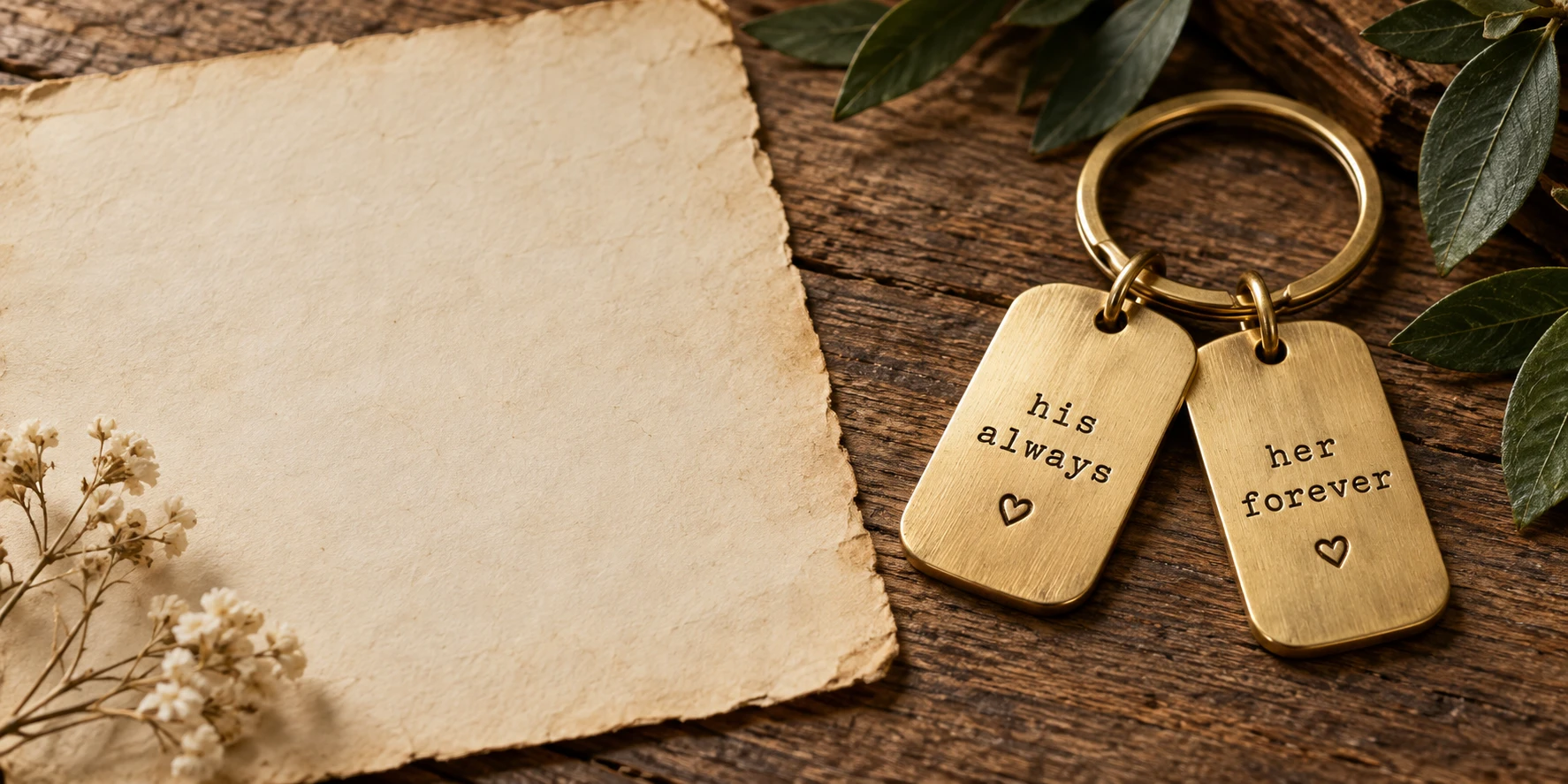 Couple keychains on warm paper and walnut with quiet space to the left