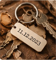 A special date engraved on a keychain beside dried leaves