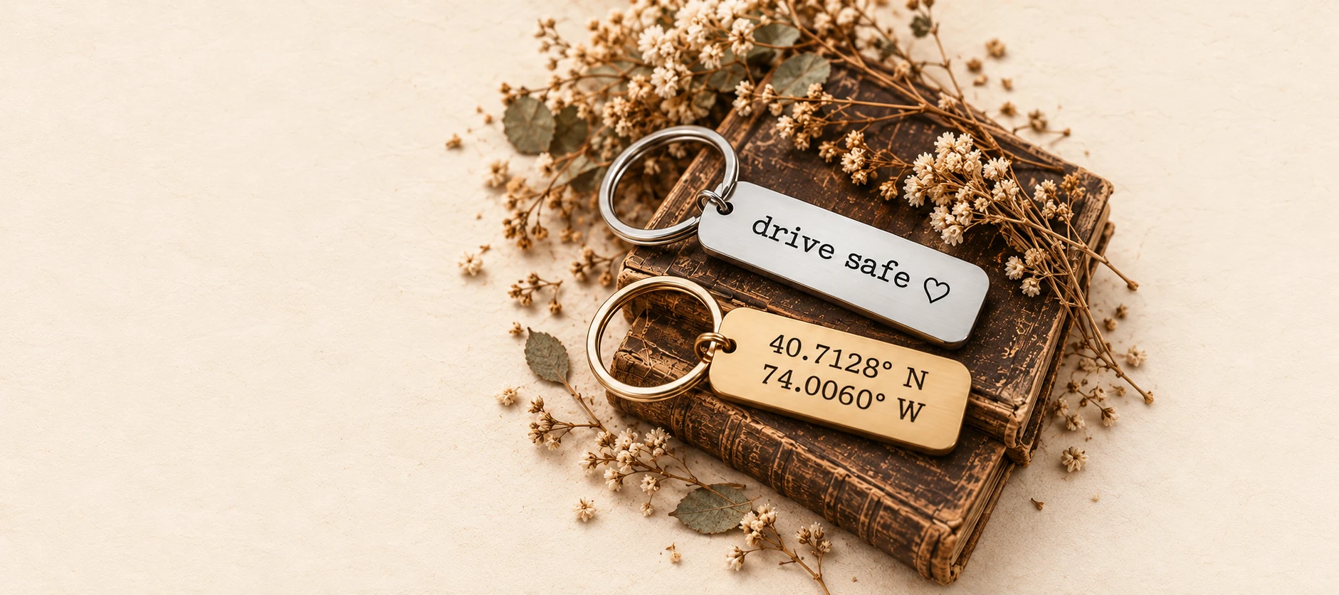 Two engraved silver and brass keychains on antique books with warm paper space on both sides