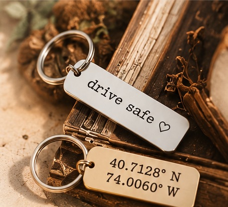 Two engraved keychain tags resting on a warm wood surface