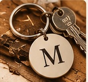 A round letter initial tag beside keys