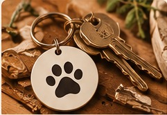 A round pet tag with a paw print beside keys