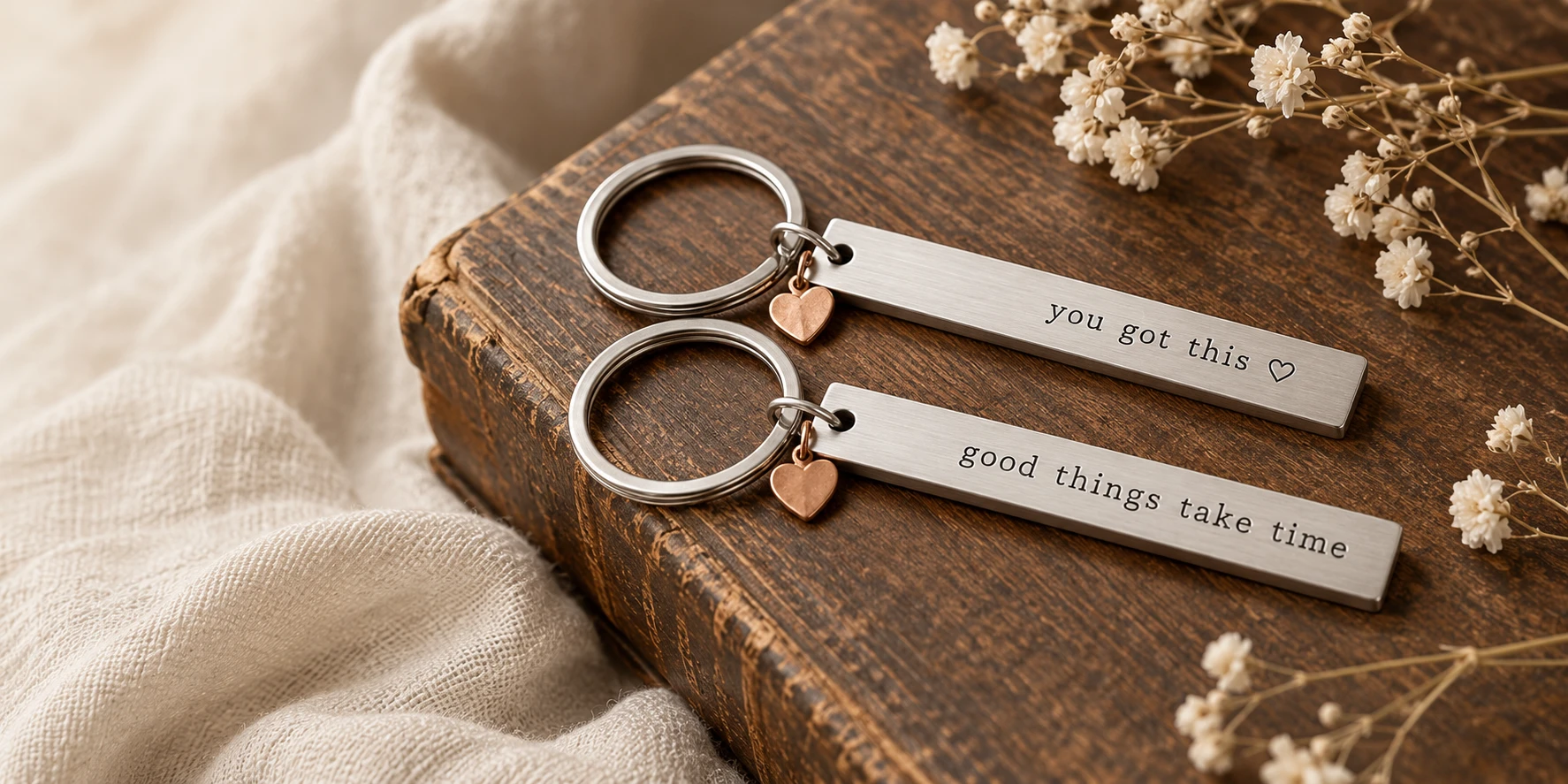 Silver keepsakes on aged wood and cream linen