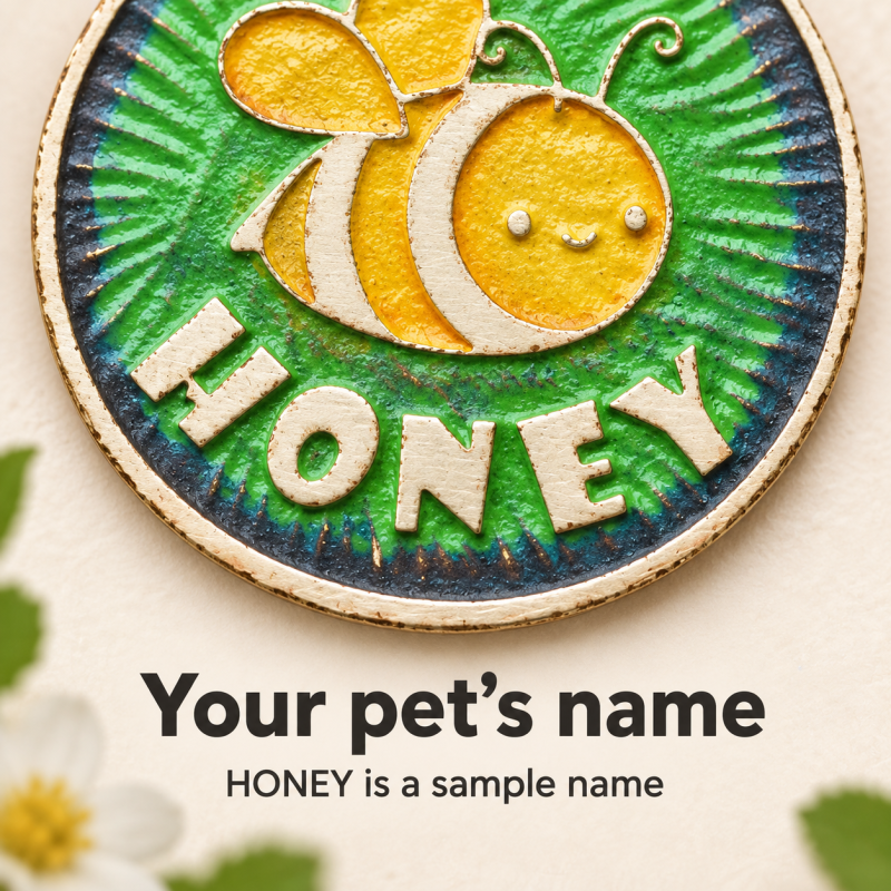 Personalized Bee Pet ID Tag, Green and Yellow Etched Brass, 25–35 mm detail 1