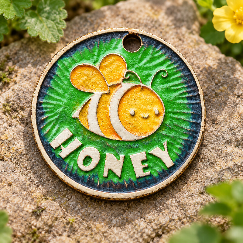 Personalized Bee Pet ID Tag, Green and Yellow Etched Brass, 25–35 mm