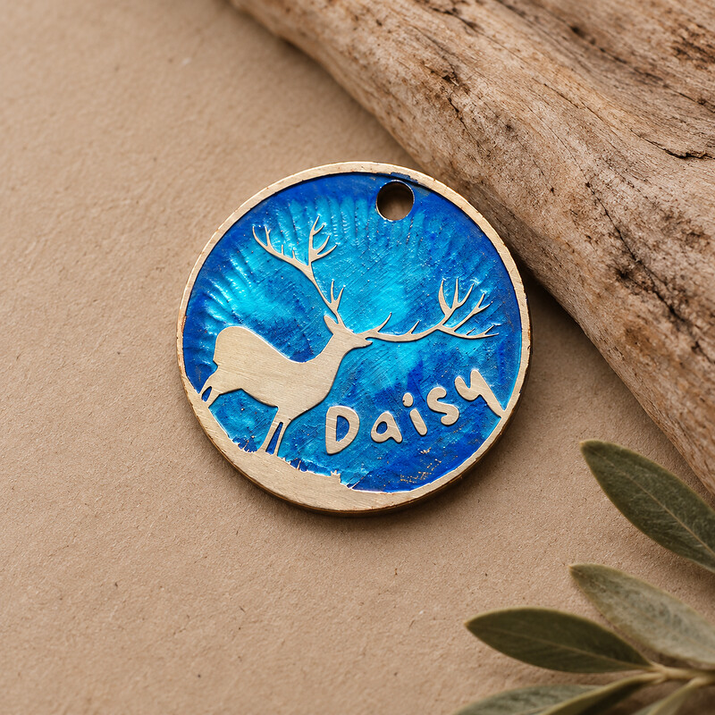 Personalized Blue Deer Pet ID Tag, Round Brass
