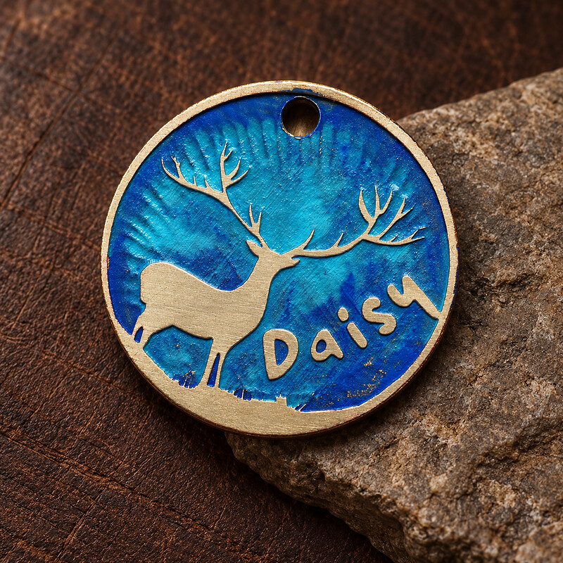 Personalized Blue Deer Pet ID Tag, Round Brass product photograph