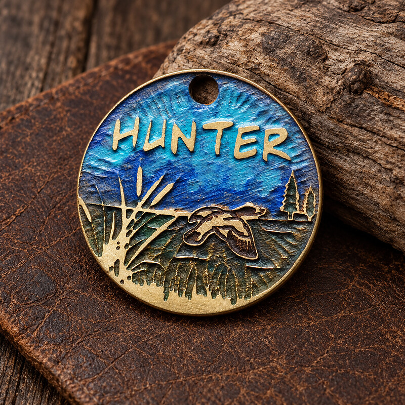 Personalized Blue Duck Pet ID Tag, Round Brass product photograph