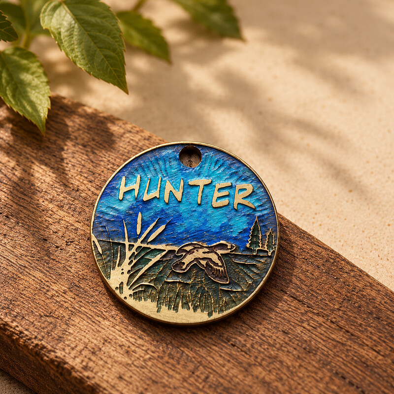 Personalized Blue Duck Pet ID Tag, Round Brass