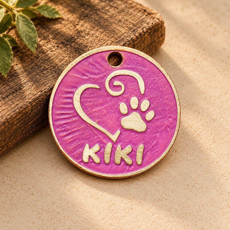 Personalized Pink Heart Paw Pet ID Tag, Round Brass
