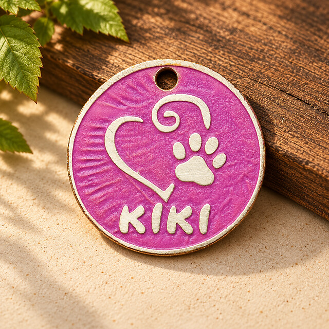 Personalized Pink Heart Paw Pet ID Tag, Round Brass detail 1
