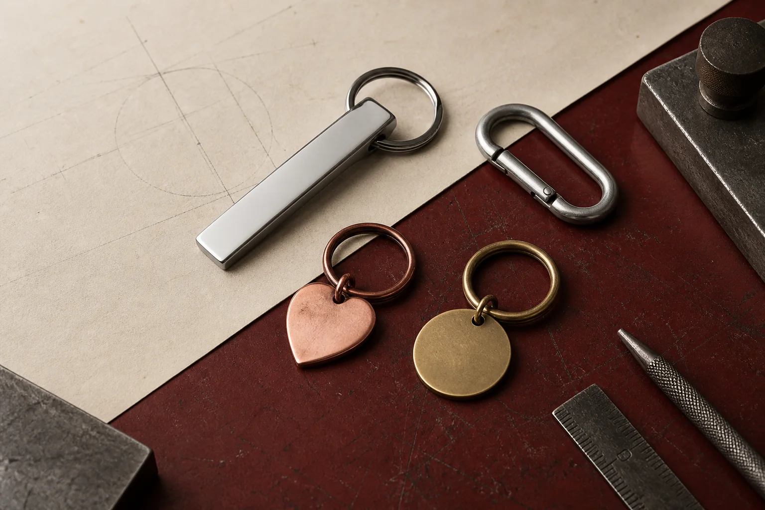 CoolKeychain metal pieces arranged on a workbench