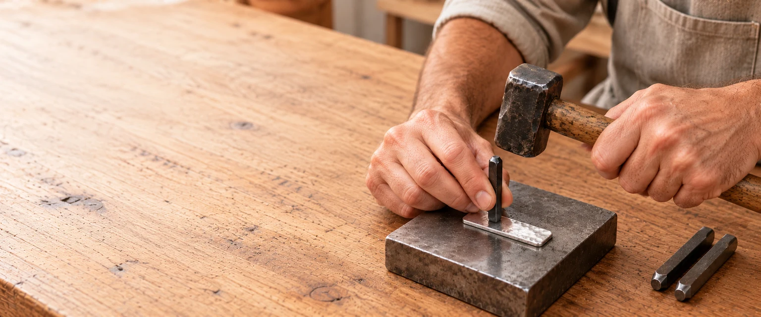 Hand-stamping process illustration in an artisan studio