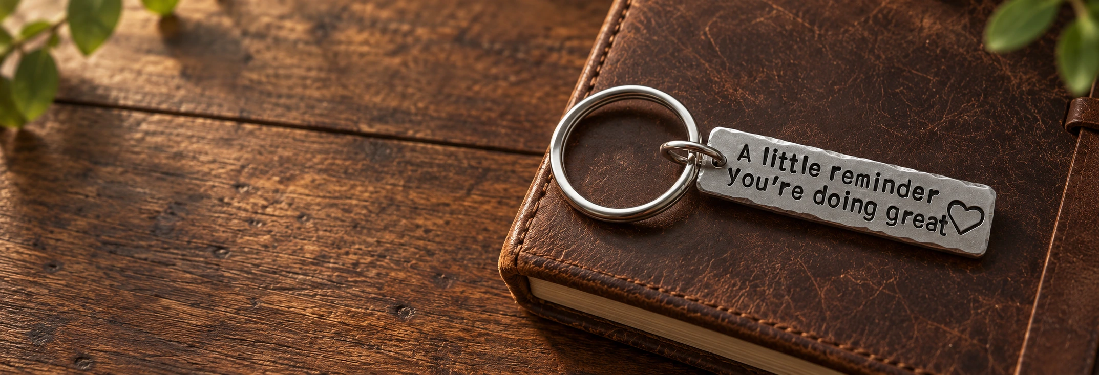 Engraved keychain resting on dark brown leather