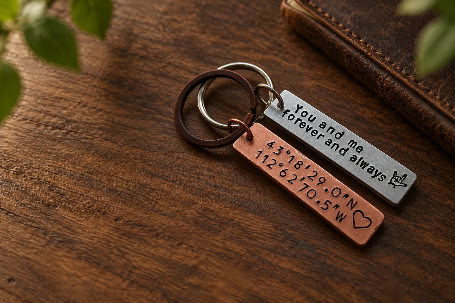 Personalized keychains on warm wood and leather