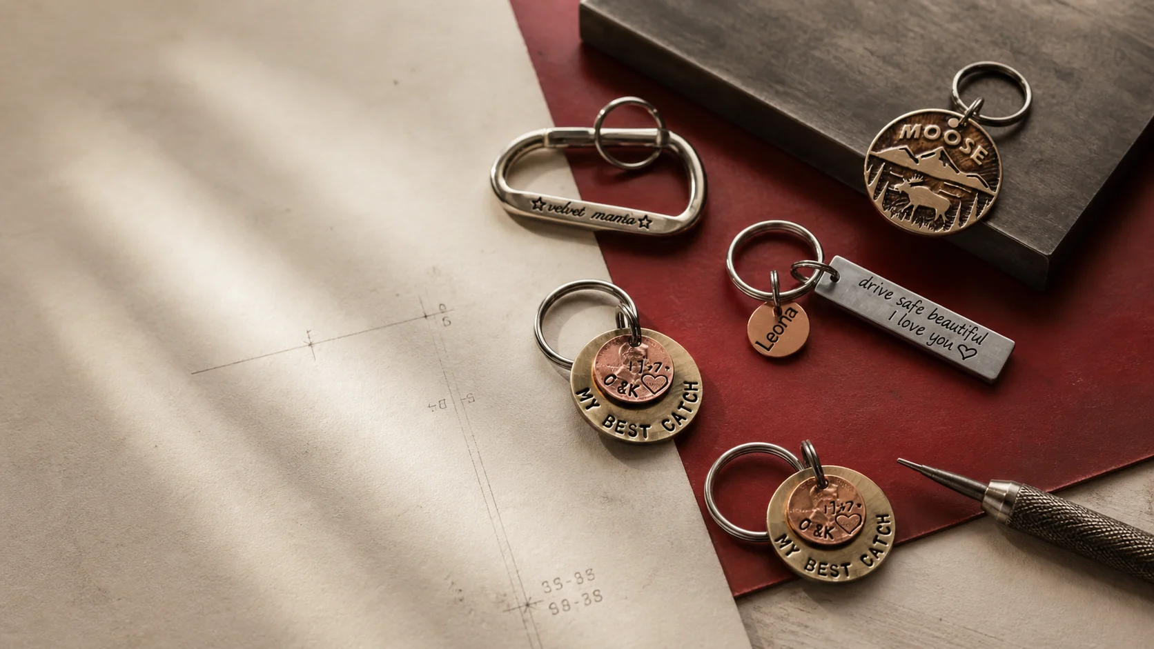 Engraved metal keepsakes arranged in the CoolKeychain workshop